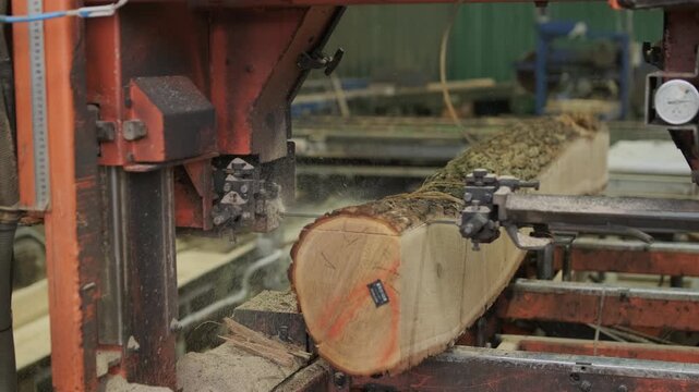 Detailed shot of lumber boards stacked together with a shallow depth of field and a blurred carpenter working in the background
