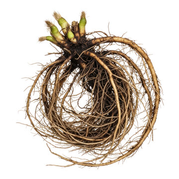 Close up of a bare root plant with a dense network of roots and emerging green shoots.