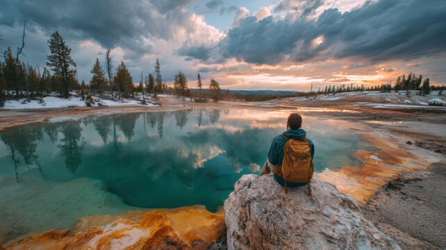 Geothermal hot springs resort, spa, bath pool, relaxation vacation theme. A person wearing a backpack, seated on a rock.