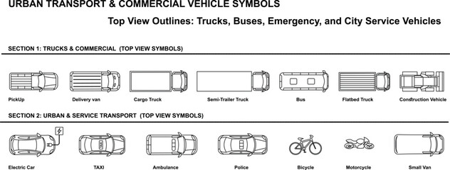 Architectural Vehicle Symbols Set: Top View Outlines of Commercial Trucks, Buses, Emergency Vehicles, and Urban Transport for Site Plans. © SBAYTI