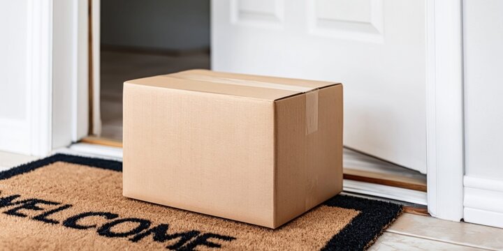 Cardboard delivery package left on a welcome mat outside a front door