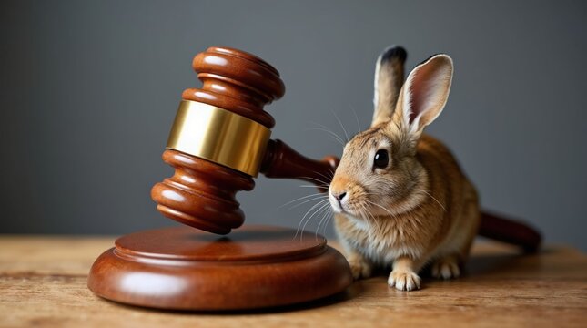 Hare sitting beside wooden judge gavel on table