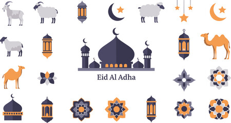 Eid al Adha Islamic Icon Set with Mosque Silhouette, Sacrificial Sheep, Camel, Crescent Moon, Lanterns, and Geometric Ornaments for Religious Holiday Greetings and Banner Designs © MD