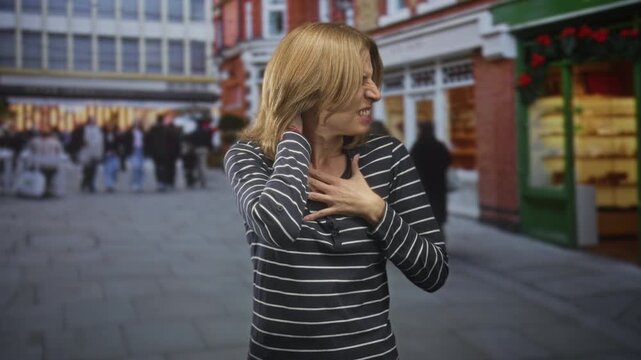Woman clutching chest and pressing neck with hand in a busy urban shopping street by storefronts and crowds; pain urgency concern.