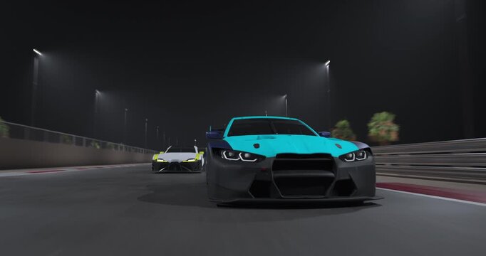 GT3 Gran turismo race cars drive at night on a track, front view with headlights, motion blur shows speed, city lights and palm trees create intense motorsport action