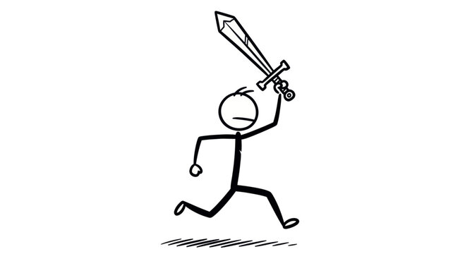 Stick figure running with sword illustration.