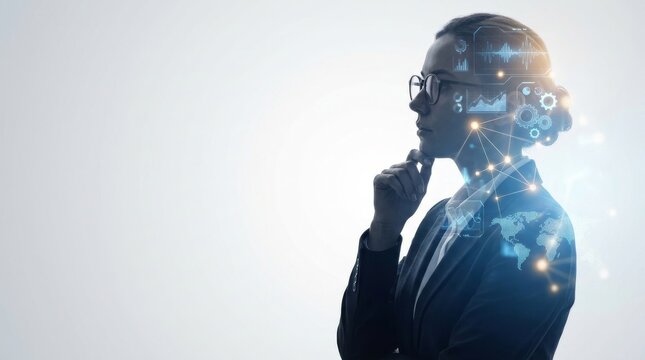ai, analysis, artificial intelligence, automation, big data, brain, business, cg, cloud computing, communication, computer graphics, Double Exposure Silhouette Profile of Thinking Woman, Copy Space