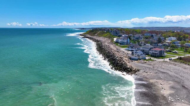 Peggotty Beach and historic waterfront houses aerial view in town of Scituate, Massachusetts MA, USA. 