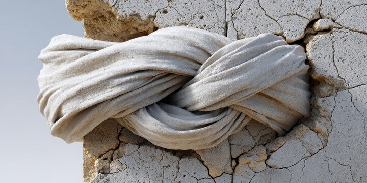 Abstract sculpture of a knotted white fabric emerging from cracked concrete wall