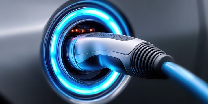 Close-up of an electric vehicle charging cable connector plugged into a port