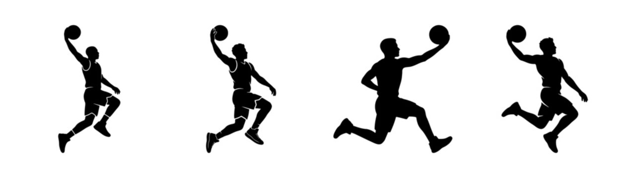 Basketball player silhouette set, dunking athlete vector icons, sports action graphics