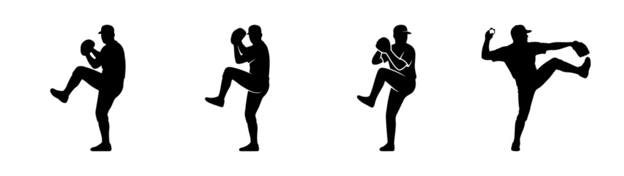 Baseball pitcher silhouette set, 4 athlete throwing poses, black sports vector icons
