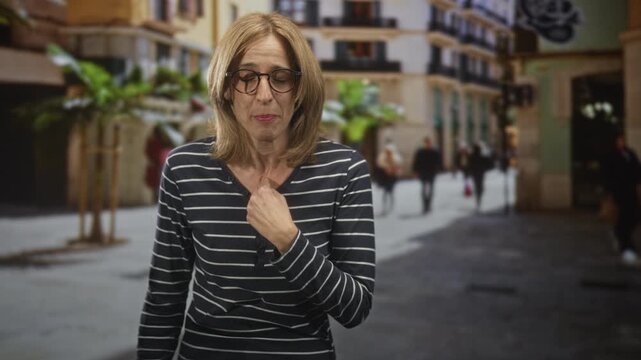 Woman with glasses touches chest while speaking and later waves on a busy street with shoppers; sincerity greeting.