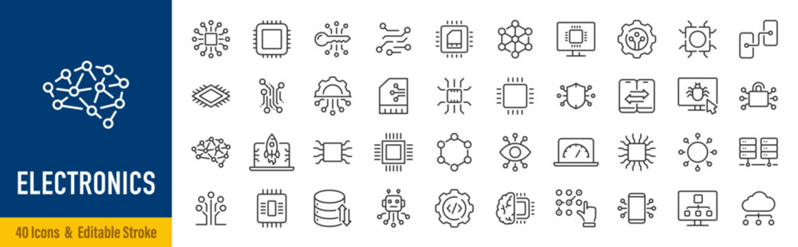 Electronics web icons in line style. Smart robotic, chip, ai, bot, network, collection. Vector illustration.