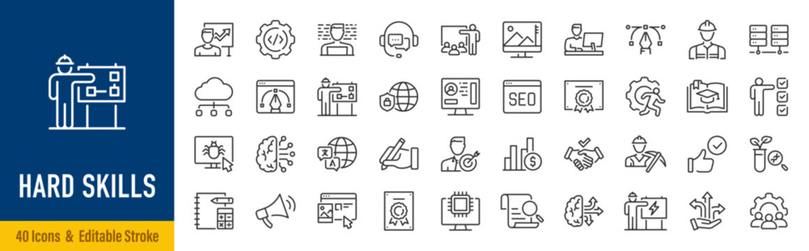 Hard skills web icons in line style. Accounting, coaching, data mining, cloud computing, copywriting, career progress, software, cyber security, artificial intelligence. Vector illustration.
