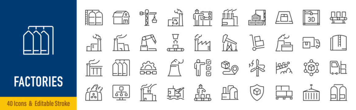 Factories web icons in line style. Production, technology, factory, industry power, manufacture. Vector illustration.