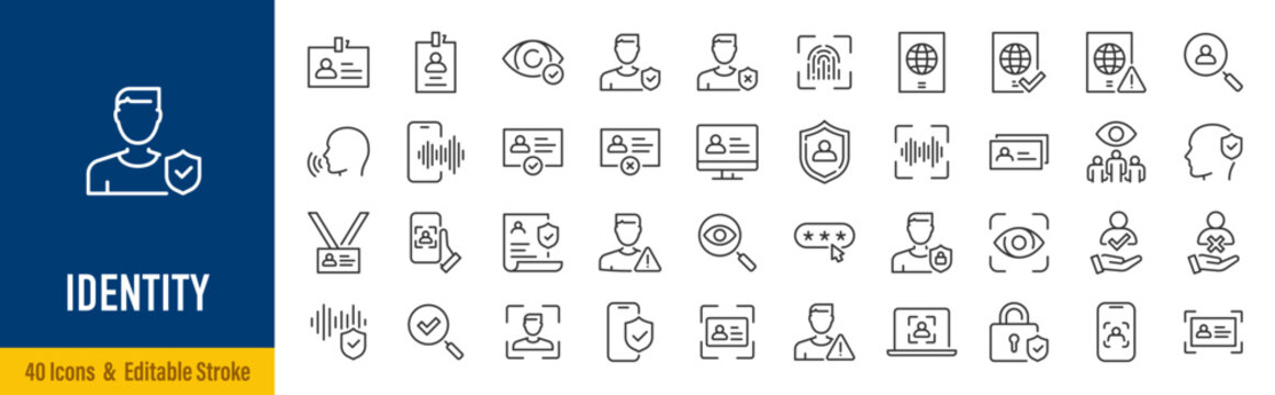 Identity web icons in line style. Verification, document, id card, fingerprint, identification, passport, collection. Vector illustration.