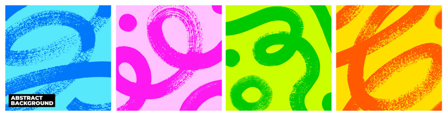 Naklejka na ściany i meble Colorful squiggle brush stokes poster or social post design. Hand drawn wavy organic kids organic geometric loop lines. Funky colorful bold squiggles, thick curved loop lines with circles.