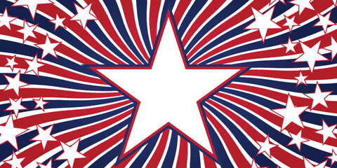 Obraz premium Patriotic background Central star for copy space Red blue radial rays Scattered stars USA themed design perfect for Independence Day, celebrations, posters, banners, festive graphics Greeting template