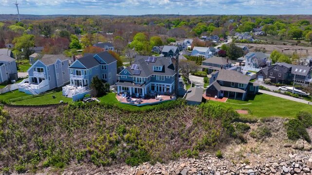Peggotty Beach and historic waterfront houses aerial view in town of Scituate, Massachusetts MA, USA. 