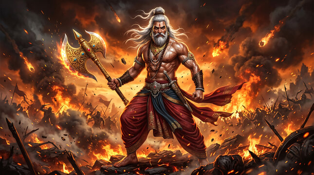 Happy Parashurama Jayanti - Fierce Lord Parashurama in Battle Ready Pose