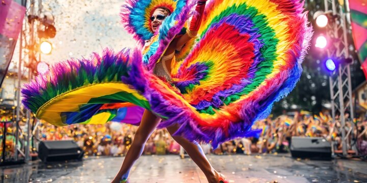 Vibrant drag queen in a rainbow costume performs energetically on an outdoor stage with confetti