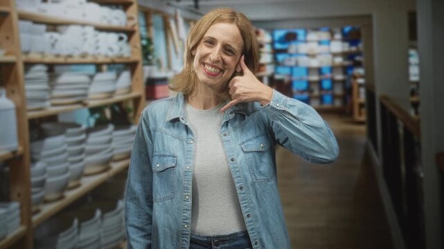 Woman shows call hand gesture amid shelves of plates and bowls in a building store aisle, wearing denim jacket and jeans; friendly invitation.