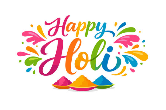Happy Holi calligraphy typography lettering with vibrant colorful paint splashes and bowls of gulal powder. Vector illustration for Indian festival of colors celebration greeting card design.