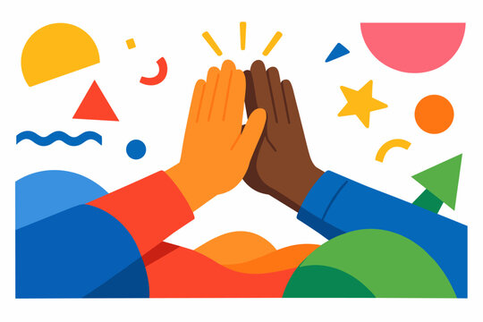 High Five Vector Illustration with Diverse Hands for Teamwork, Success, Partnership, and Celebration. Abstract Geometric Background with Vibrant Colors for Business, Community, and Cooperation.