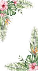 Naklejka premium Watercolor Tropical Leaves and Hibiscus Flowers Frame Design.