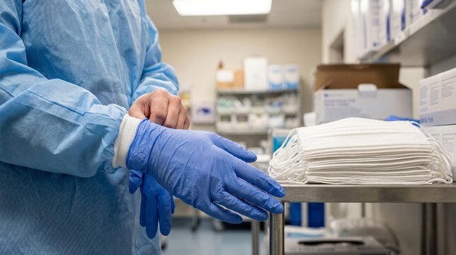 Medical professional in blue gown and gloves prepares to wear protective gear in a clinical setting with surgical masks on a stainless steel table
