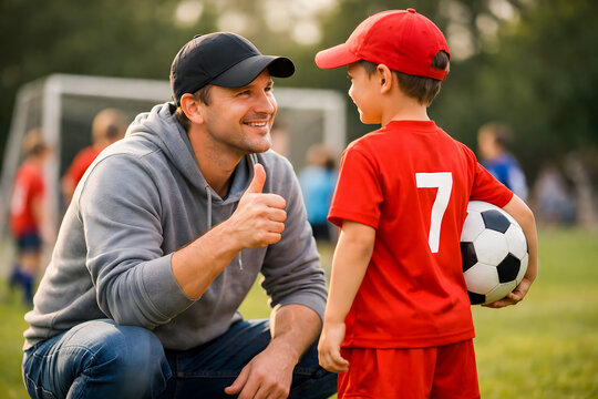 A father encourages a young athlete. A young football player in a red shirt holds a soccer ball under his arm. A football field is in the background.