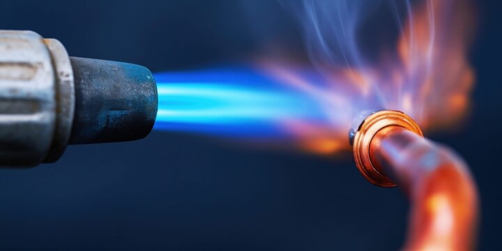 Close-up of a blowtorch heating a copper pipe joint with a bright blue flame