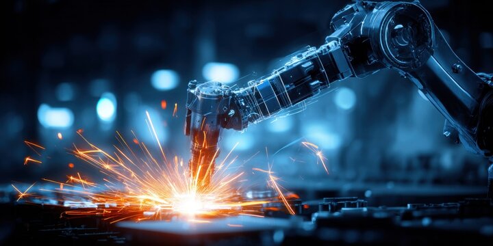 Advanced robotic arm performing precision welding with bright sparks flying in a futuristic factory