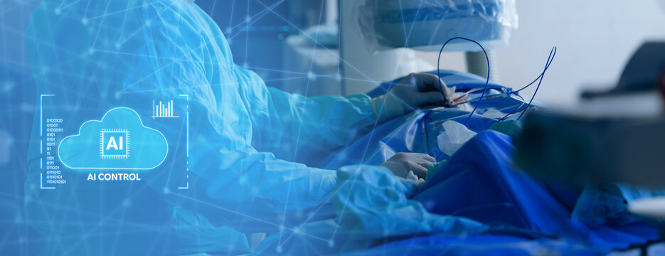 Operating room cardiac surgery scene with ai monitoring overlay for medical background and healthcare technology banner