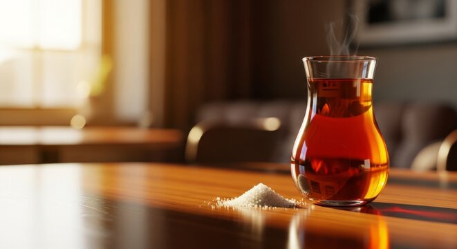 Armudu Tea Glass with Sugar on Table in Golden Hour