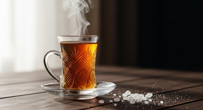 Steaming Armudu Tea Glass with Sugar on Rustic Table