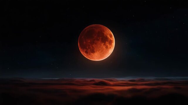 Red full moon above dark clouds in night sky, dramatic lunar eclipse scene with glowing celestial light, stars, atmospheric horizon and mystical astronomy background with copy space
