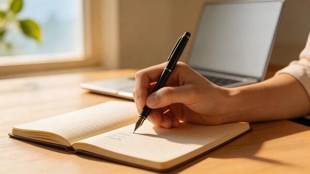 Person writing in notebook with laptop