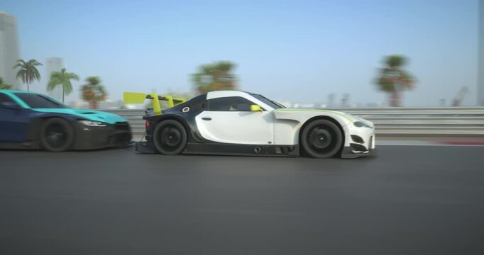 Two high-performance sports cars racing side by side on a modern urban track, motion blur emphasizing speed, with palm trees and city skyline in the background