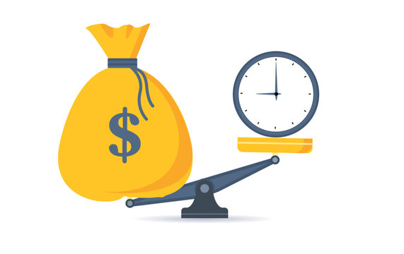 Time is money. Clock and dollar bag a balance scale. Financial concept .Time value of money asset growth over time depicts investment in long-term equity. Vector