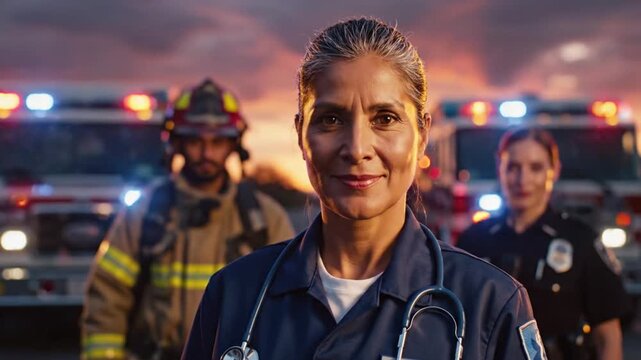 Rescue Team Firefighter Police Medic Dramatic Scene. 4K Video