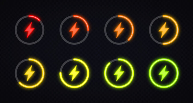 Neon battery charge icons with color levels from red to green. Glowing circular indicators showing power progress and energy status