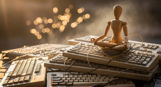 Wooden Man Meditating on Vintage Keyboards