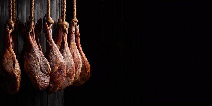 Row of dry-cured ham legs hanging vertically from thick ropes against a dark background