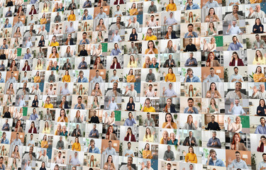 Group video chat, collage. Many people during online meeting, web camera view