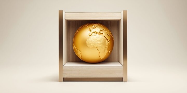Golden globe displayed within a minimalist wooden and metallic frame