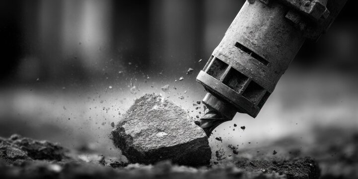 Heavy duty jackhammer breaking apart a large rock with debris flying everywhere