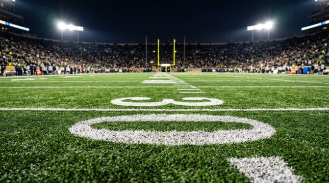 American football field with bright stadium lights illuminating the green turf and yard lines during a night game.