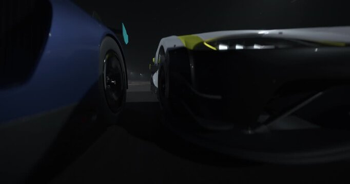GT3 Gran turismo race cars drive side by side at night on a track, close view with headlights, motion blur shows speed, city lights create intense motorsport action